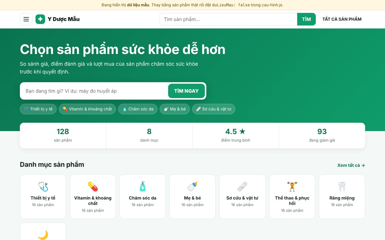Trang chủ: ô tìm kiếm, số liệu tính từ dữ liệu của bạn, danh mục, nhóm bán chạy